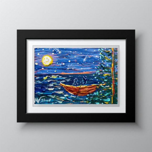handmade Other - Canoe night Lovers Couple Nautical Painting Original Art Small 9x12 Acrylic Wall